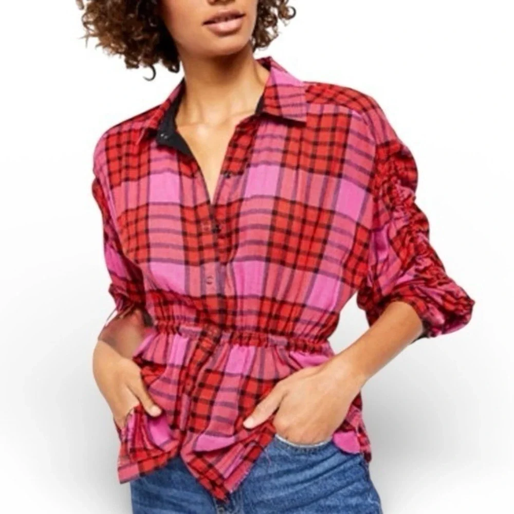 Free‎ People Shirt Red and Pink Plaid